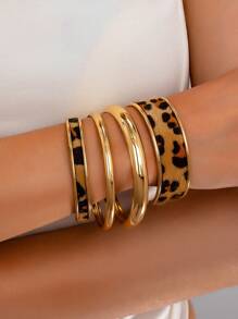 4pcs Set Luxury Fashion Niche Leopard Print Combination Solid Bangle Bracelets, Suitable For Banquet, Party, Daily Wear, Romantic Gift - Multicolor - View 1