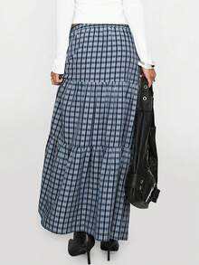 1 件格子条纹休闲褶皱荷叶边/荷叶边下摆女式半身裙，适合所有季节日常穿着 - 彩色 - 查看 2