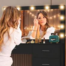 Black Makeup Vanity Table With Led Lighted Mirror Dressing Set , 5 Drawers, Large Lighted Mirror & LED Bulbs, 3 Color Lighting Modes & Dimmable, Girls Dressing Table With Led Mirror For Bedroom - Black