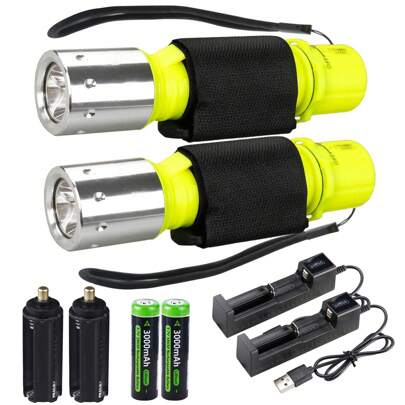 2pack High Lumens Diving Flashlight, 3Modes Scuba Dive Light IPX8 Waterproof Underwater Snorkeling Diving LED Torch With Rechargeable 18650 And USB Charger For Underwater Sports/Camping/Fishing