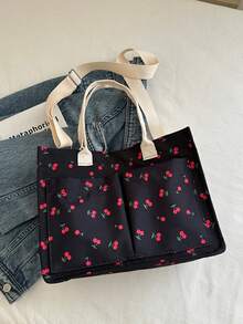 时尚休闲樱桃图案多口袋轻便购物手提包，容量宽敞，配有可调节肩带的手提包，适合女孩/女士购物、上下班通勤、医院、郊游、商场 - 黑色 - 查看 8