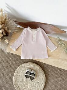 Newborn Baby Girls Sweet Lace Trim Elastic Pink Long Sleeve Basic T-Shirt, Spring/Autumn - Pink - View 3