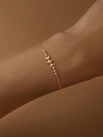 Bracelet en argent sterling 925 avec zirconium, étoile et lune, pour femmes. Bracelet à chaîne léger plaqué or 18 carats. Cadeau parfait minimaliste pour femmes