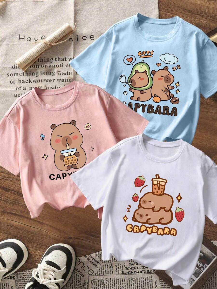 3pcs Tween Girls Capybara Print Short Sleeve T-Shirt, Summer Tops Suitable For Tween Girl - Multicolor - View 1
