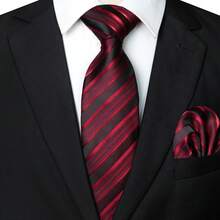 Men Tie Sets Classic Fashion Striped Necktie Set With Cufflink For Business Wedding Party - Burgundy - View 4