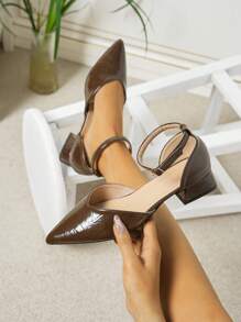 Sandales à talon épais à bout pointu et à lacets de couleur unie pour femmes, convenant pour s'assortir à diverses robes élégantes, au printemps et à l'automne