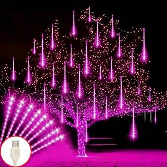 1 set de 8 tubes de guirlandes lumineuses de météores, guirlandes lumineuses de météores pour décoration de rue. Idéal pour le jardin, la cour, les arbres, les avant-toits, les fêtes et les festivals. Guirlandes de glaçons suspendus pour décoration de sapin de Noël, cour et maison. Éclairage extérieur pour Noël, Halloween et Thanksgiving.