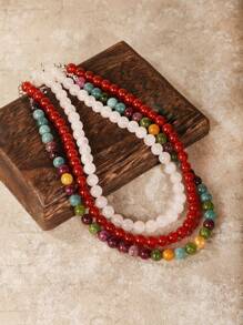 1 pièce Collier de mode bohème en pierre naturelle de 8 mm pour femmes. Collier de perles colorées en tourmaline et cristal rose pour femmes