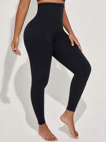 High Waist Seamless Slimming Shaping Leggings - Navy Blue - View 6