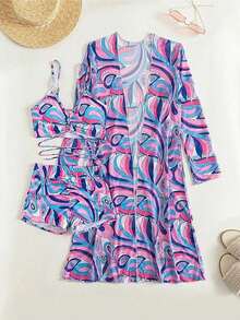 Women's Swimsuit Set, All-Over Print Bikini With Drawstring And Straps, 3-Piece Kimono Beach Cover-Up - 紫色 - 查看 4