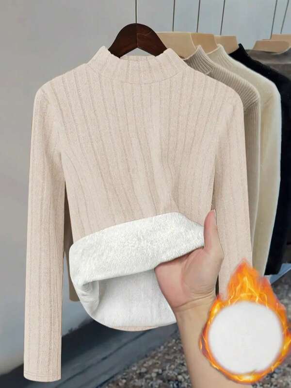 Nouveau Top t-shirt casual quotidien en peluche chaud à col rond, de couleur unie et rayé, pour femmes en automne