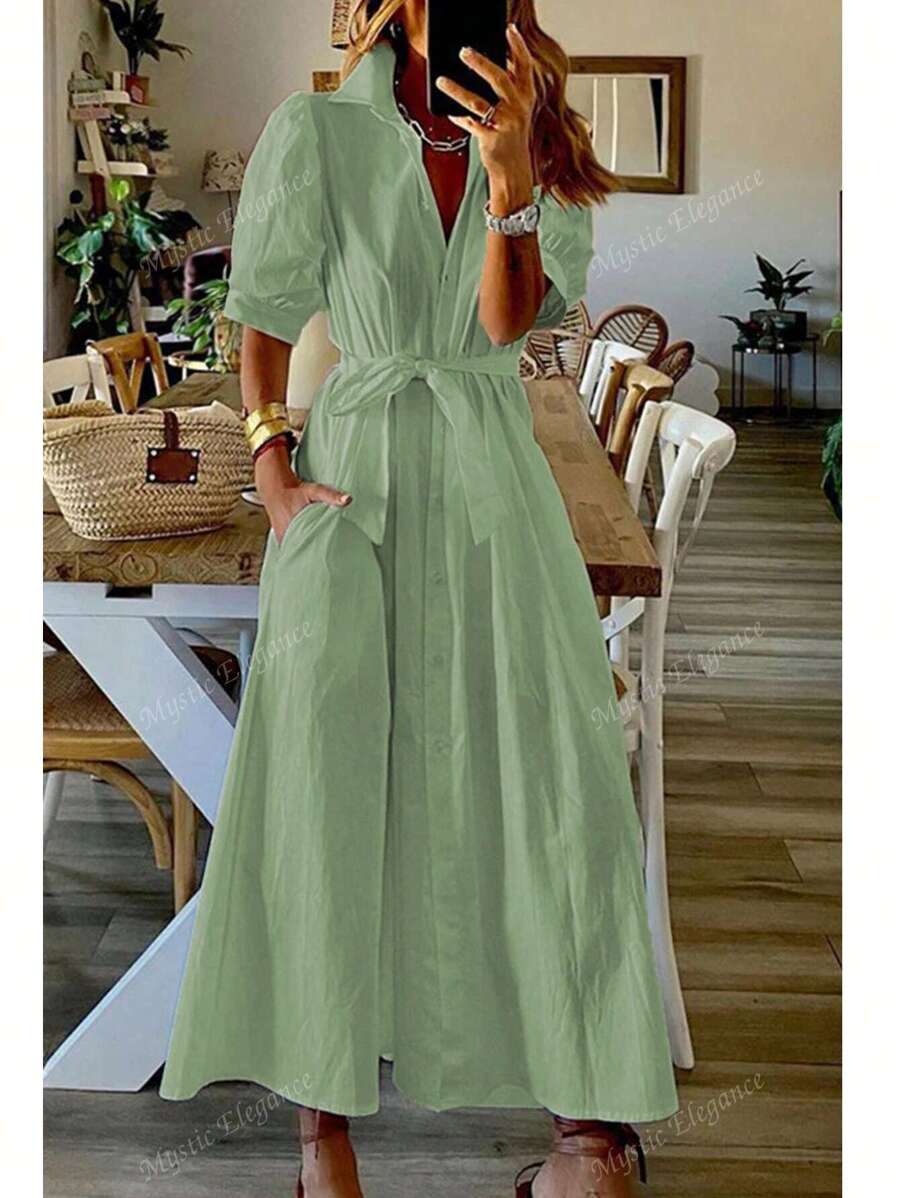 Women's Spring And Summer Thin Shirt Dress Open Collar Solid Color Loose Shirt Dress Tie Puff Sleeves Short Sleeves Non-Elastic Casual Commuting French Style Simple Slouchy Style Elegant Women's Vacation Wear Graduation Season Valentine's Day Independence Day Back To School Season Gift Ladies Dress