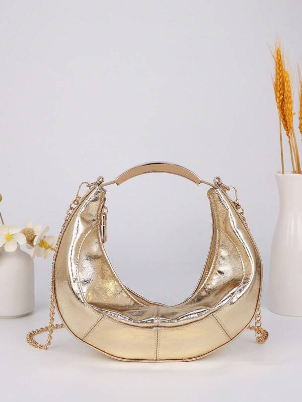 Bolso de mano de media luna de metal dorado de lujo - Asa elegante, bolso de hombro con cadena de moda, esencial para el estilo