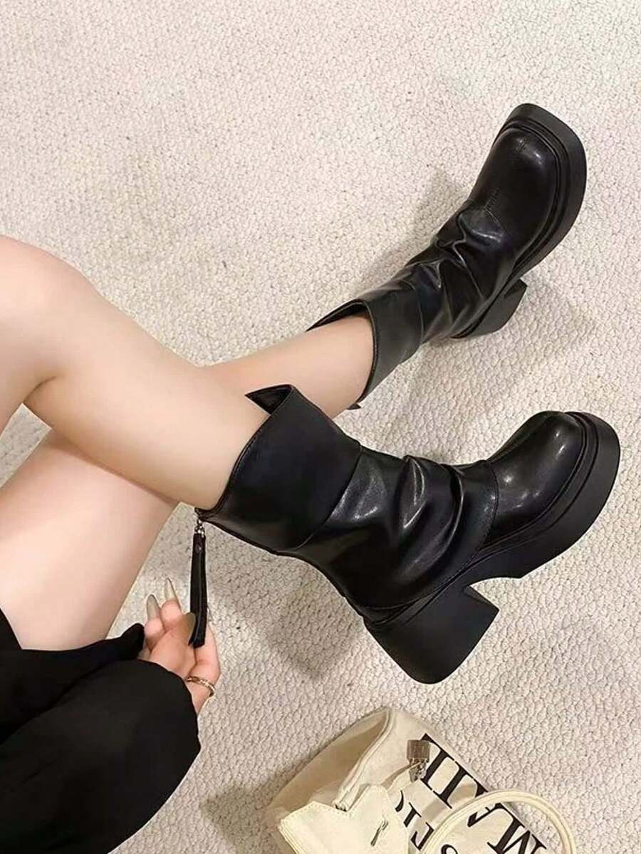 女士圆头套穿踝靴,新款复古英伦风厚底踝靴 - 黑色 - 查看 1