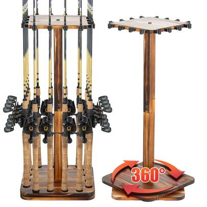 Fishing Rod Holder 360° Rotating Wooden Rod Pole Rack New Style Holds Up To 16 Rods Fishing Organizer For Space-Saving Fishing Rod Holders For Garage