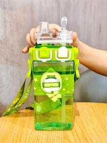 1 pieza Taza de agua de 520ml con pajita para bebés y niños, taza de plástico doble con correa para transportar para niños de escuela primaria, a prueba de caídas, para jardín de infantes, escuela y uso al aire libre