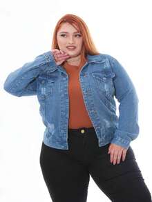 Plus Size Denim Jacket With Frayed Edges - Medium Wash - View 5