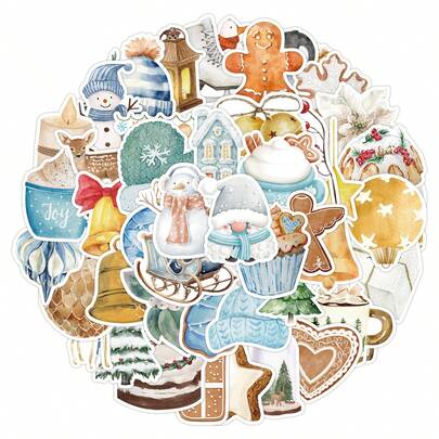 50件北欧圣诞涂鸦贴纸，文字雪人圣诞老人冬季新年装饰，节日派对家居橱窗店面酒吧咖啡厅氛围装饰，礼品包装装饰