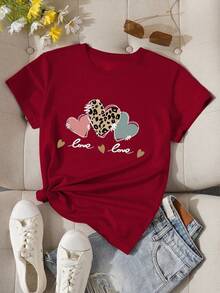 Camiseta gráfica con motivo de corazón y letra para mujer - Burdeos - Ver 1