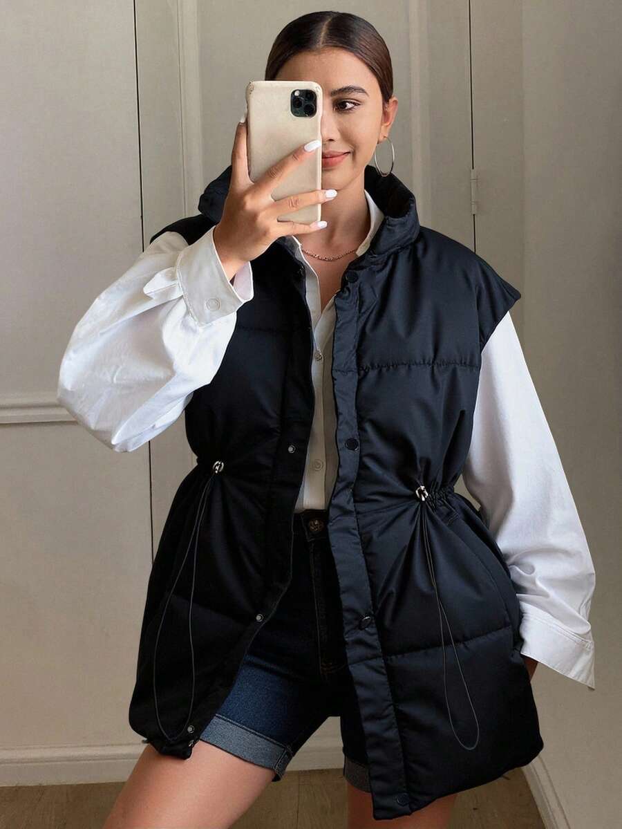 Livesso 女士冬季休闲纯色立领抽绳马甲棉服外套，黑色背心，冬季女装，冬季外套女夹克 - 黑色 - 查看 1