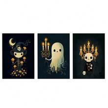 3 piezas Impresión en lienzo de estilo Dark Academia con fantasma a la luz de las velas y esqueleto, pósteres espeluznantes pero lindos de Halloween para decoración de la sala de estudio o juegos, con opción de marco - Multicolor - Ver 9