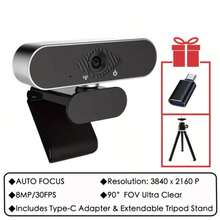 Ultra HD Computer Webcam With Tripod, 4K Resolution, Auto Focus, Adjustable Height, 360° Swivel Head, Noise-Cancelling Microphone, USB Plug And Play, Privacy Cover, Perfect For Online Meetings And Live Streaming - Black - View 3