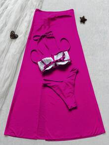 Women's Solid Color Halter Bikini 3-Piece Set, With Tie Front And Metal Buckle Design, Retro Elegant Style - Hot Pink - View 5
