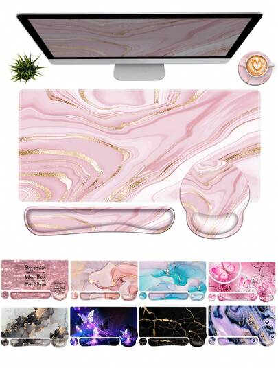 Keyboard Mouse Pad Set 4-In-1 Large Mouse Pad+Keyboard Wrist Rest+Mouse Wrist Rest+Coaster Set Is Ergonomically Designed, Suitable For Home Office Computer Desktop Marble