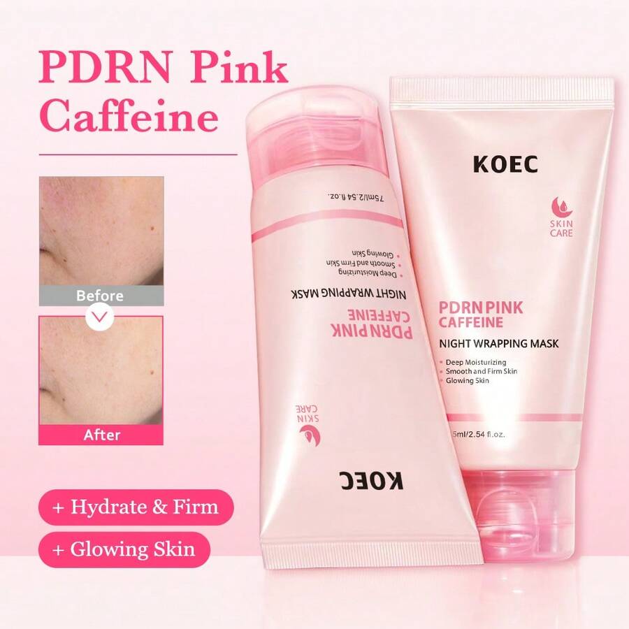 KOEC PDRN 粉红咖啡因夜间焕肤撕拉面膜，夜间肌肤焕活撕拉面膜，紧致、消肿、补水，打造水润肌肤，提升面部轮廓，韩国护肤 - 粉色 - 查看 1