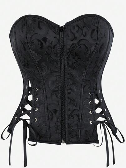 Corset Top Jacquard Bustier Women Shapewear Zip Up Front Boned Bodice Adjustable Ribbon Back Slimming Sexy Criss-Cross Ribbon Detail Bustier, Suitable For Halloween Party, Banquet