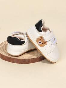 1 Paar Baby Jungen Cartoon Bär Stickerei PU Klettverschluss Design süße lässige Sneaker rutschfeste weiche Sohle Krabbel Schuhe, geeignet für Frühling/Herbst (0-12 Monate)