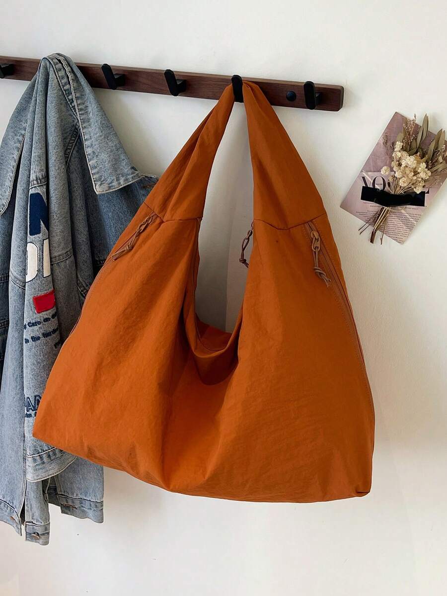 1pc Orange Nylon Fabric Bag, Large Capacity Solid Color Shoulder Bag, Popular Korean Casual Style, Versatile College Student Tote Bag, Simplistic Fashion Handbag, Multi-Zipper Side Pockets, Suitable For Various Outfits - trái cam - Xem 1