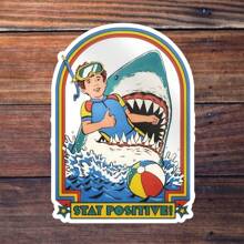 3 英寸“保持积极！”贴纸 - 复古 - 异想天开的插图乙烯基贴纸，带有鲨鱼和潜水员，适用于笔记本电脑、水瓶、沙滩装备、夏季空间和积极区域 | 非常适合乐观主义者、沙滩爱好者、复古美学爱好者和幽默爱好者 | 非常适合增添俏皮氛围、传播积极性和怀旧装饰 | 有趣的贴纸，用于表达乐观和轻松的冒险，适用于学校用品，返校