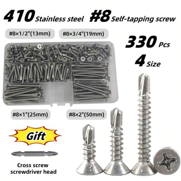330 stuks zelftappende schroeven van roestvrij staal 410 - 1/2" (13 mm) / 3/4" (19 mm) / 1" (25 mm) / 2" (50 mm) diverse maten (100 stuks) voor meubels, metaal en doe-het-zelfprojecten