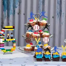 8/16/24 piezas Decoraciones para cupcakes con tema de béisbol, figuras de jugadores de béisbol con brillos, palillos para cupcakes con tema de béisbol para fiestas de cumpleaños y baby shower, decoraciones para pasteles