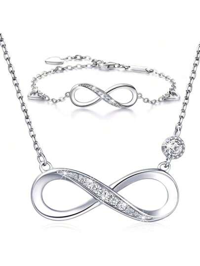 قطعتين من الفضة الإسترليني عيار 925 طقم مجوهرات للنساء قلادة وسوار، طقم مجوهرات رمز اللانهائي، سلسلة ترقوة موبيوس، مرصعة بالزركونيا، مناسب للخطبة والمواعدة والاستخدام اليومي للنساء