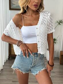 Women's Casual V-Neck Short Sleeve Knit Top, Loose Hollow-Out Design, Spring/Summer Beach Vacation Outfit, Minimalist Retro Style, Random Pattern, Suitable For Back To School Season And Autumn - Beige - View 1