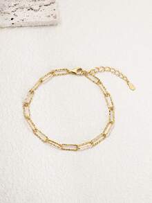 1pc S925 Sterling Silver 14K Gold Plated Paperclip Bracelet, Suitable For Layering, Pure Silver Material, Minimalist High-End Versatile Women's Bracelet, Suitable For Summer Beach Vacation, Daily Wear, Suitable As A Gift For Girlfriend/Mom/Relatives - Multicolor - View 4