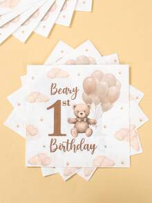 40件套棕熊主题一周岁生日派对餐具套装，一周岁生日派对装饰，一周岁生日派对用品，婴儿派对一次性餐盘、餐巾纸和杯子，适用于一周岁生日装饰、迎婴派对、性别揭晓派对、家庭聚会和野餐。 - 小熊主題一歲 - 查看 8