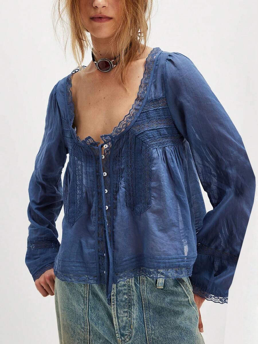 Women Tie Front Shirt Top Y2k Fairy Lace Trim Long Sleeve Bow Decor Crewneck Button Front T Shirts Blouses Loose Fit Boho Peplum Shirt Cardigan Spring Summer Going Out Tops Beach Vacation Coquette Clothes - Màu xanh lam - Xem 1