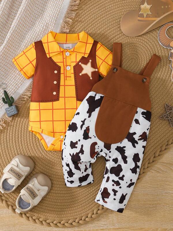 2 pièces/set Ensemble de body bébé garçon décontracté, mignon, à col cowboy occidental à carreaux et imprimé vache marron, tenue d'été