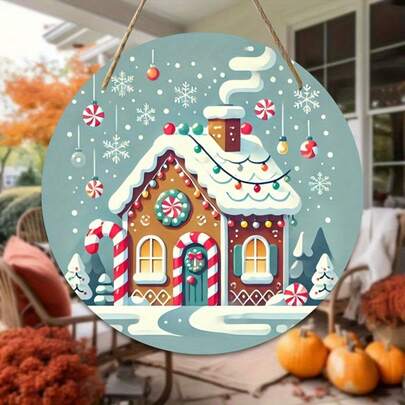 2D Flat, Gingerbread House Christmas Wall Decor - Wooden 8" Round Sign With HD 2D Printing, Pre-Milled Holes And Hanging Rope, American Style Holiday Design For Home, Bar, Club, Holiday Decoration, Gingerbread Christmas Decoration, Seasonal Home Decor