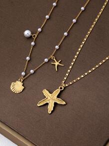 2pcs/Set Summer Refreshing Faux Pearl Starfish Pendant Necklace, Fashion Fashionable Ocean Life Pendant Jewelry Set, Suitable For Women's Daily Wear And Vacation, Beach, Photography Decoration, Handmade Chain Can Be Cut To