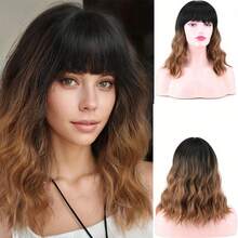14" Brown Ombre Short Curly Bob Wig With Bangs For Women - Matte Heat-Resistant Fiber | Breathable Rose Net | Women Christmas Holiday Daily Wear - 漸層棕色 - 查看 2