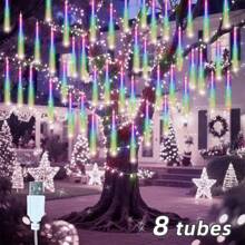 1 Set mit 8 Röhren Meteor Lichterkette, Straßendekoration LED Meteor Lichterkette, Garten, Hof, Baum, Dachrinne, Festivalparty Dekoration hängende Eiszapfen Lichter Weihnachtsbaum, Hof, Haus Dekoration für Weihnachten, Halloween und Thanksgiving Außenbeleuchtung