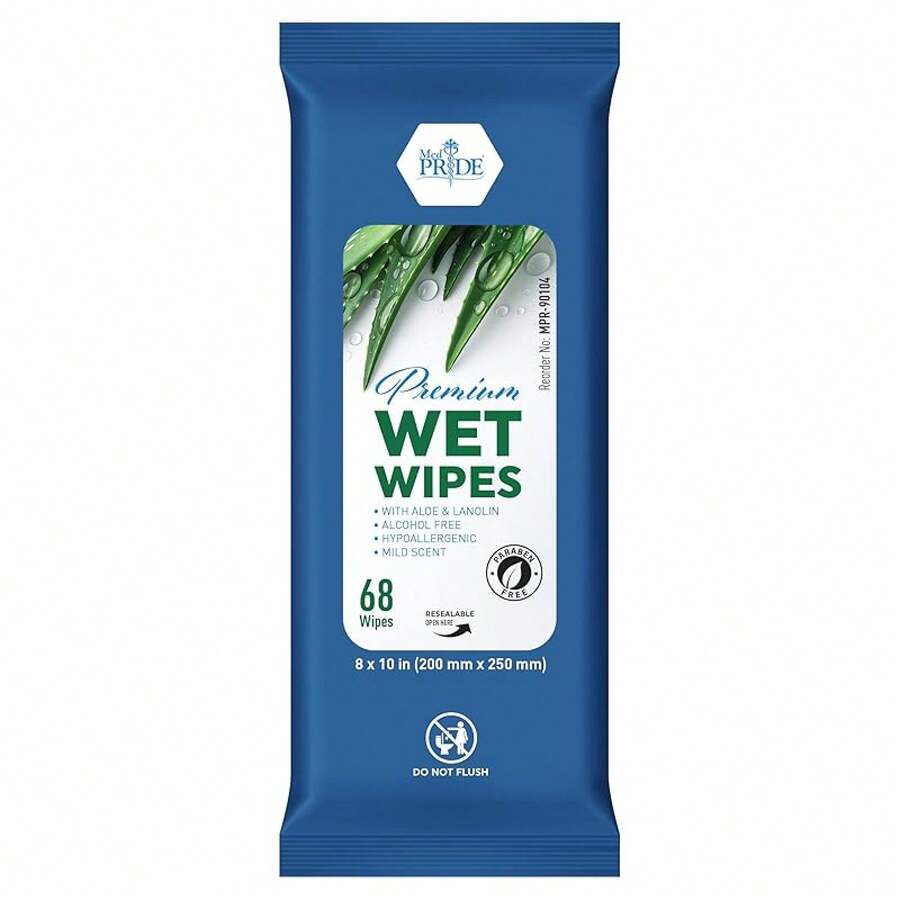 MED PRIDE Premium Wet Wipes – 68 Extra Large 8"X10" Body Wipes With Aloe & Lanolin – Alcohol-Free Hypoallergenic Mild Scented Wet Wipes For Adults & Seniors (Pack Of 68 Wipes) - Gói 68 khăn lau - Xem 1