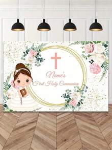 1 szt. personalizowane tło do Pierwszej Komunii Świętej, tło do chrztu z napisem "Bóg zapłać", baner urodzinowy z kwiatowym złotym brokatem, chrzest, odpowiednie na imprezę, rekwizyty do fotobudki i uroczystości, wystrój domu