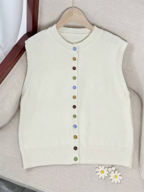 Retro-französischer Stil, bunter Knopfdekor, Rundhalspullover für Damen, ärmelloser Pullover, Tanktop, vielseitig kombinierbar