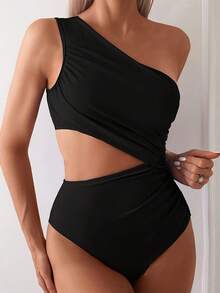 Traje de baño de una sola pieza de unicolor asimétrico con cuello fruncido y hueco para vacaciones de verano para mujer - Negro - Ver 2