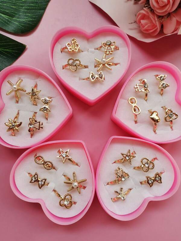 5pcs+Box Gold Color Adjustable Rings Children Girls Jewelry Alloy Ring Jewelry Gift Random Send